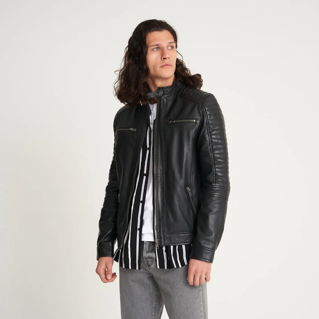 Men's Leather Racer Jacket with Quilted Shoulders - Barneys Originals