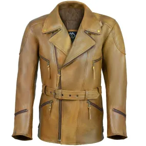 Mens 3/4 Length Eddie Biker Tan Distressed Leather Motorcycle Jacket