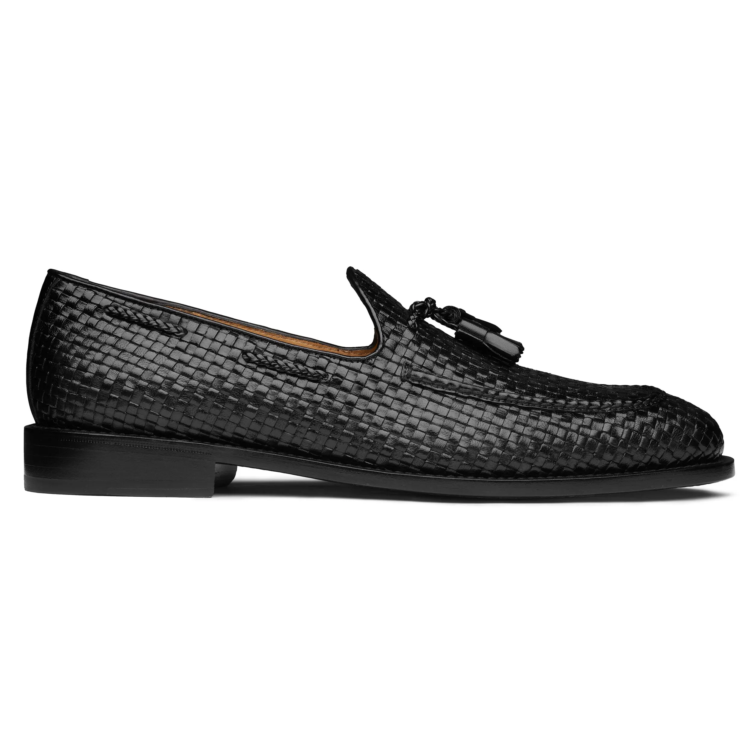 Mens black braided leather tassel welted loafers