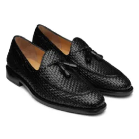 Mens black braided leather tassel welted loafers