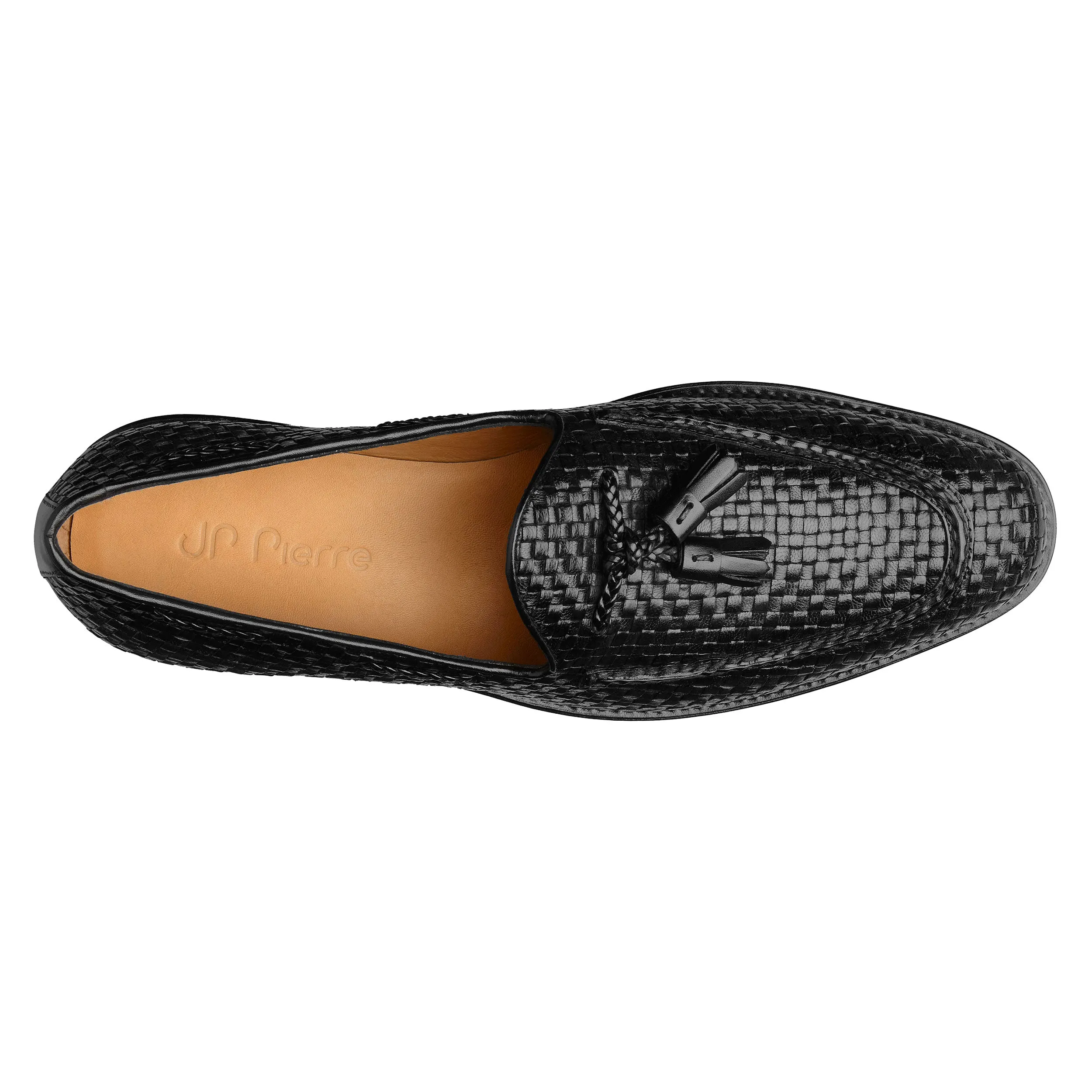 Mens black braided leather tassel welted loafers