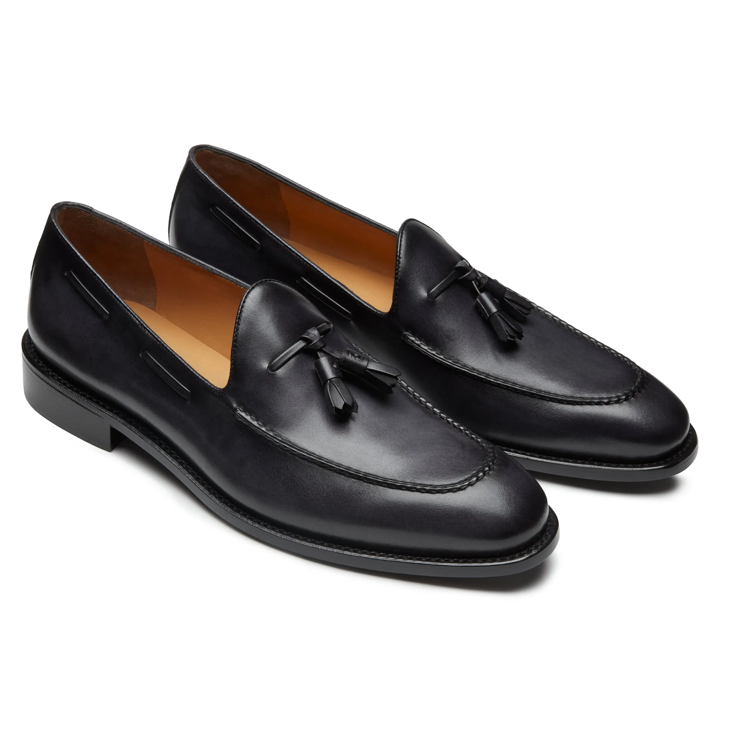 Mens black leather tassel welted loafers