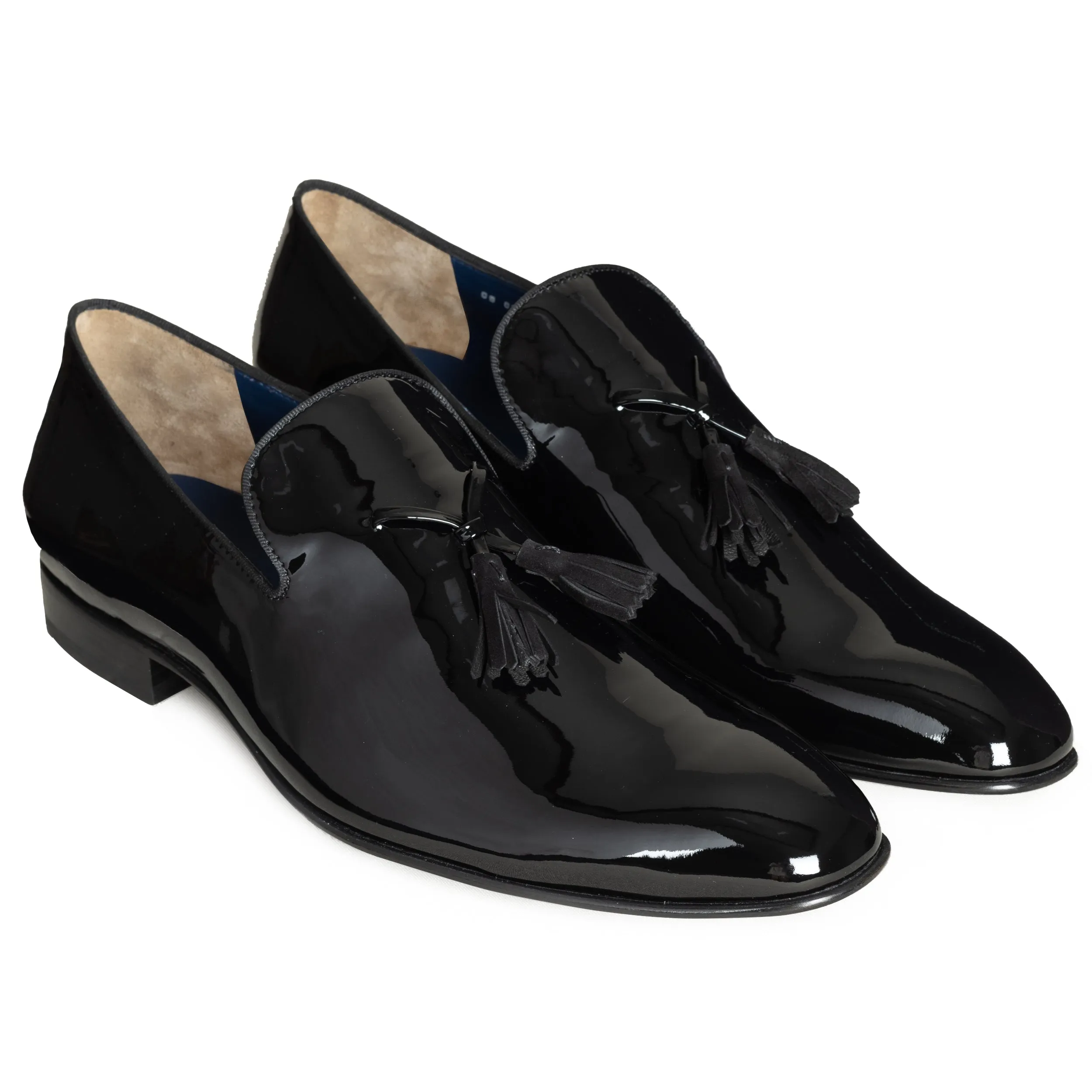 Mens black patent tuxedo-tassel loafers