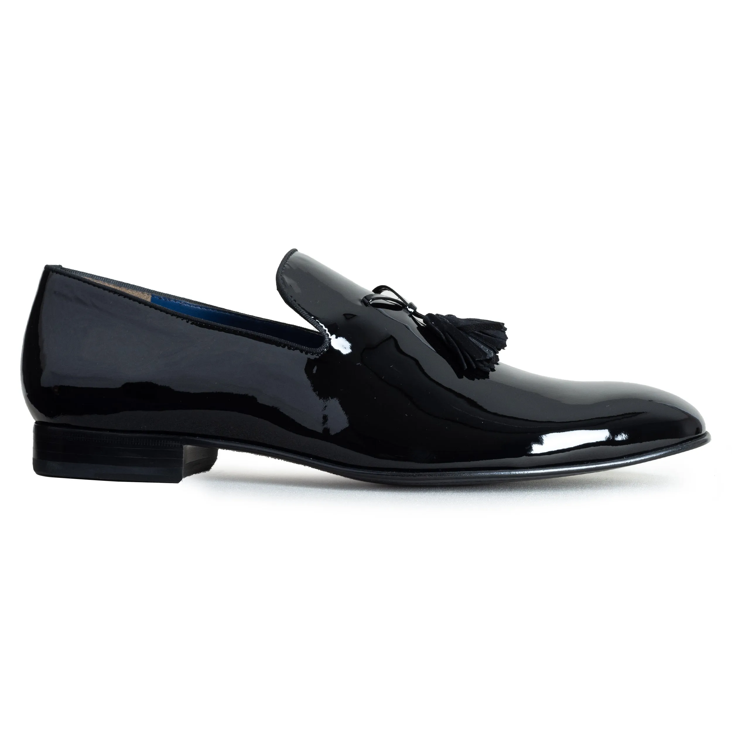 Mens black patent tuxedo-tassel loafers