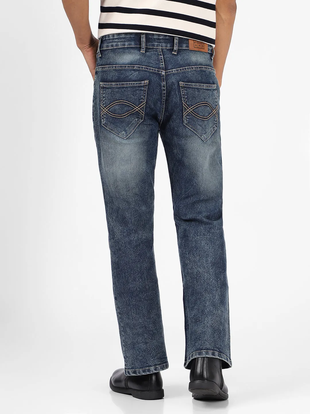 Men's Dark Blue Washed Bootcut Jeans Stretchable