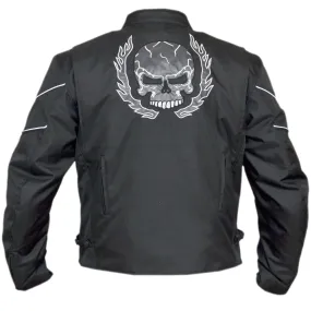 Mens Flaming Skull Armored Black Textile Motorcycle Biker Jacket