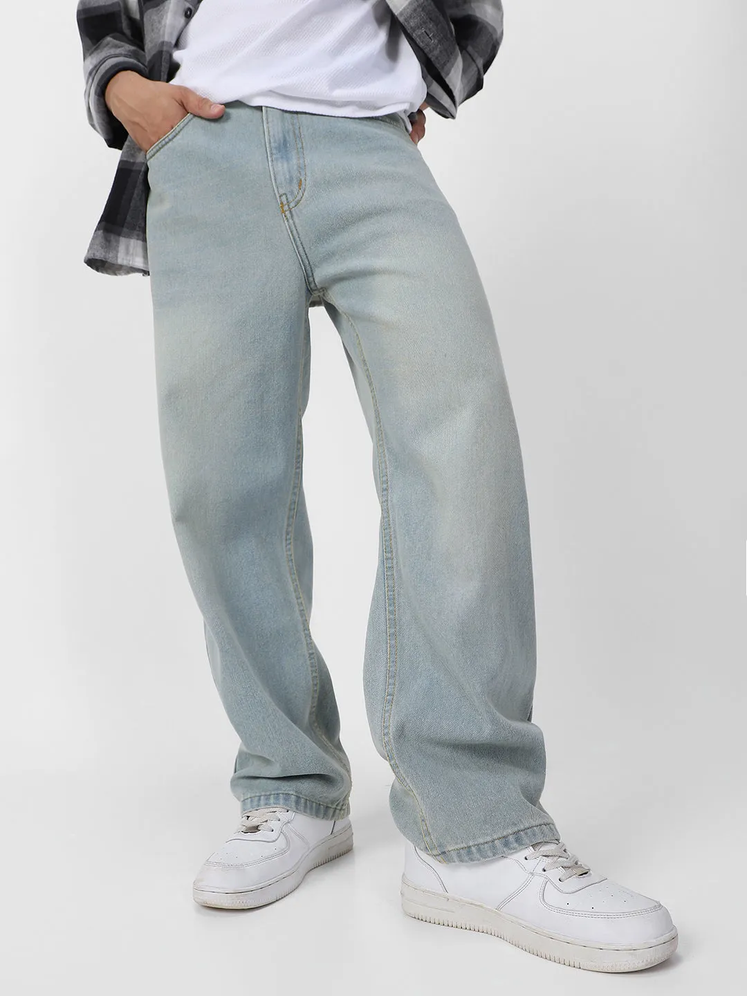 Men's Ice Blue Loose Baggy Fit Washed Jeans Non-Stretchable