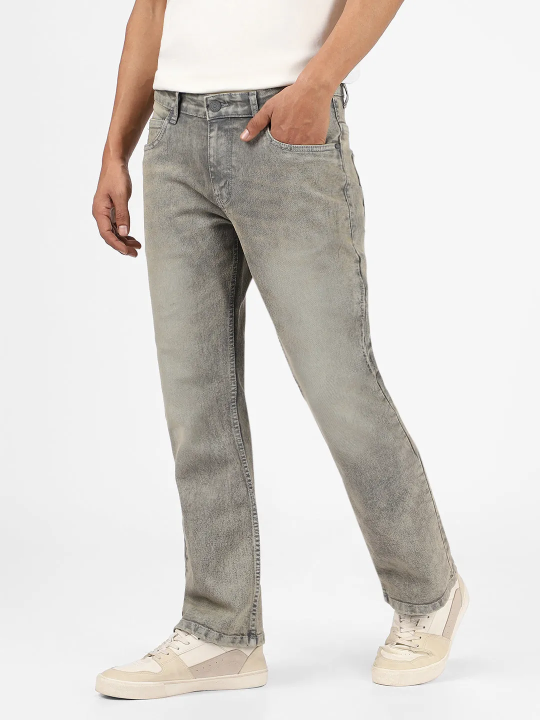 Men's Light Grey Washed Bootcut Jeans Stretchable