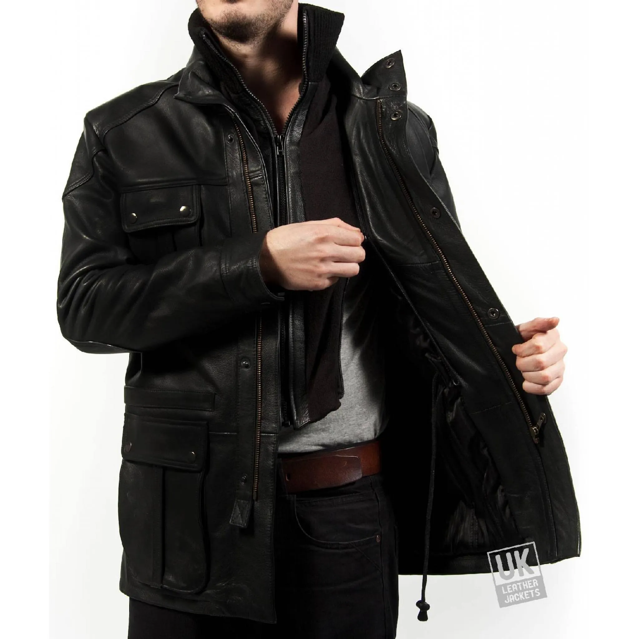 Men's Vintage Racing Leather Jacket - Black Cow Hide - Plus Size - Farley | UK LJ