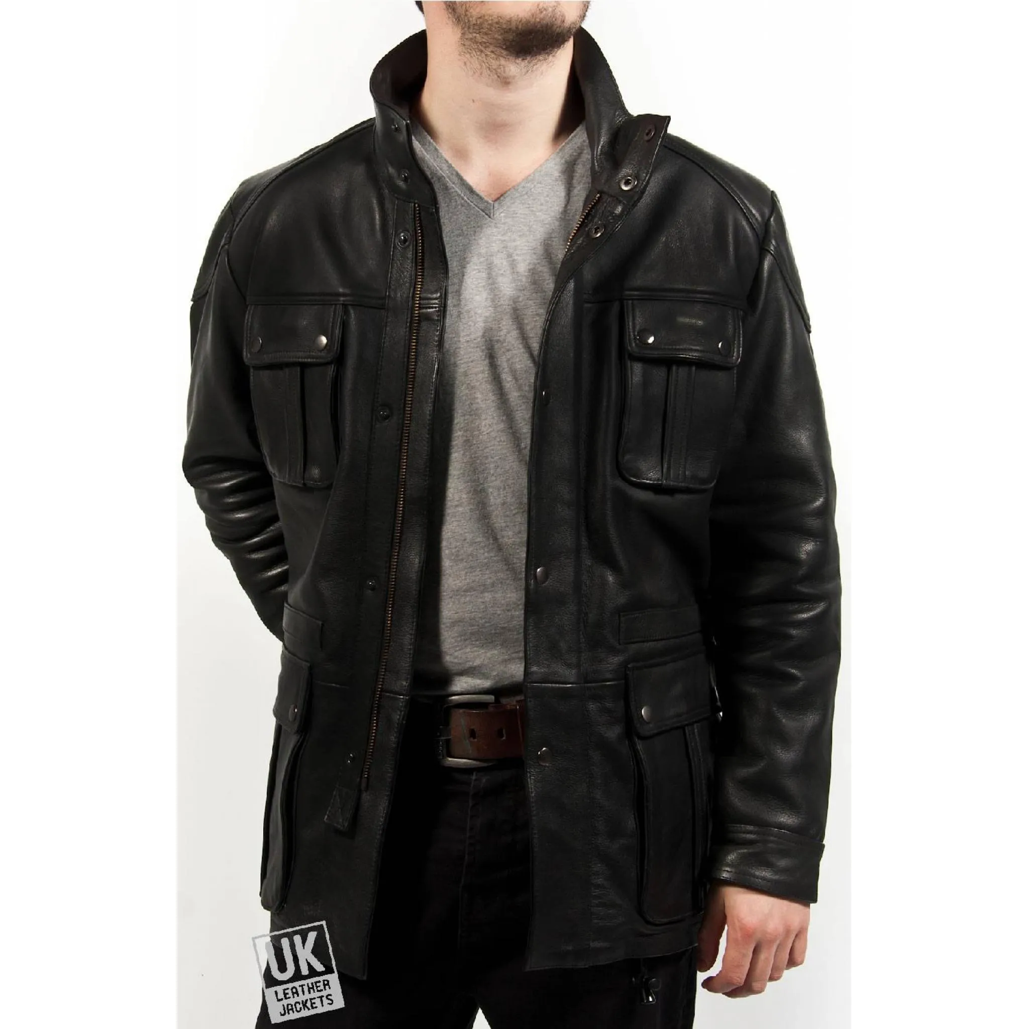 Men's Vintage Racing Leather Jacket - Black Cow Hide - Plus Size - Farley | UK LJ
