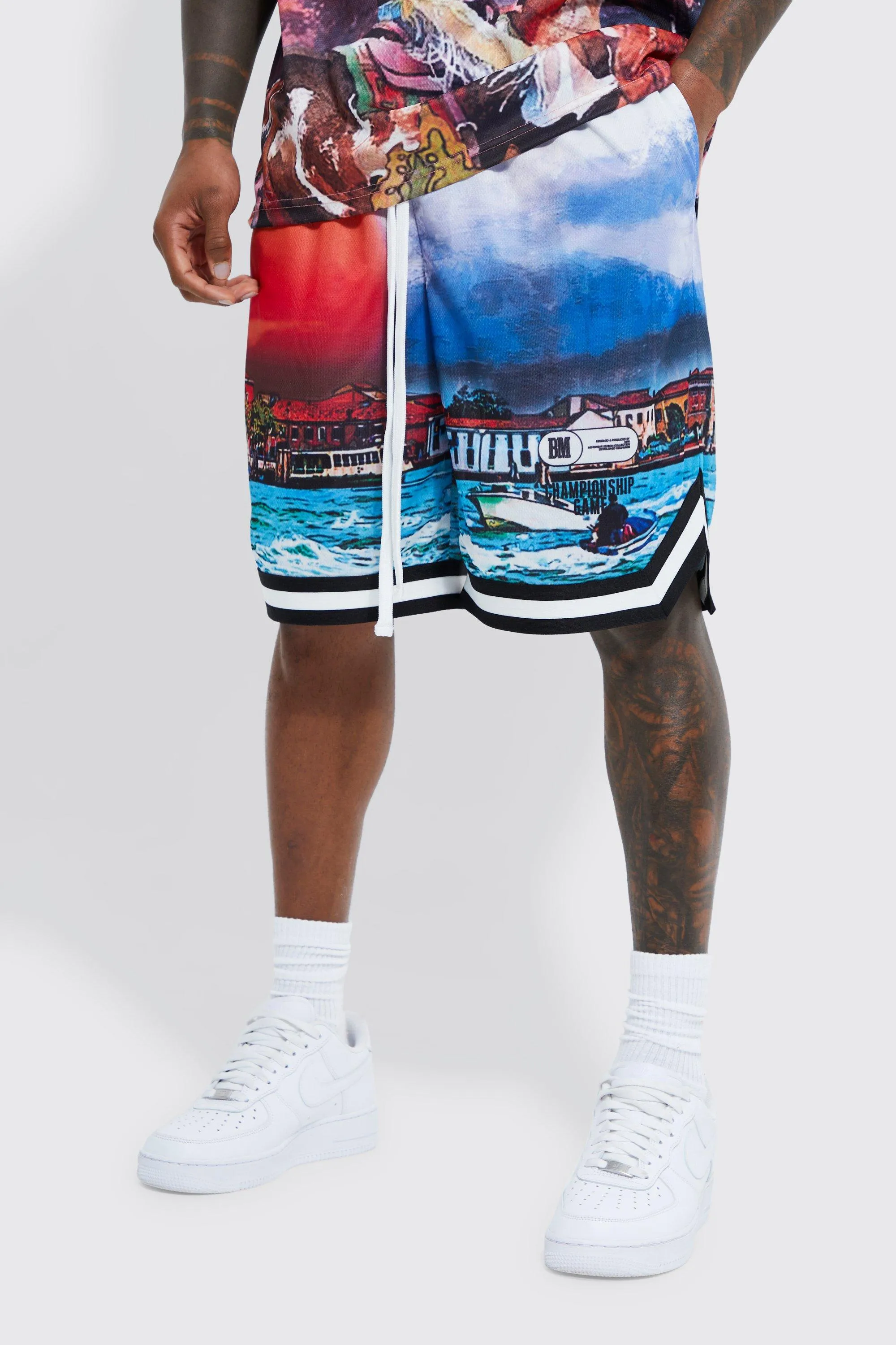 Mesh Basketball Mid Length Scenic Short | boohooMAN UK