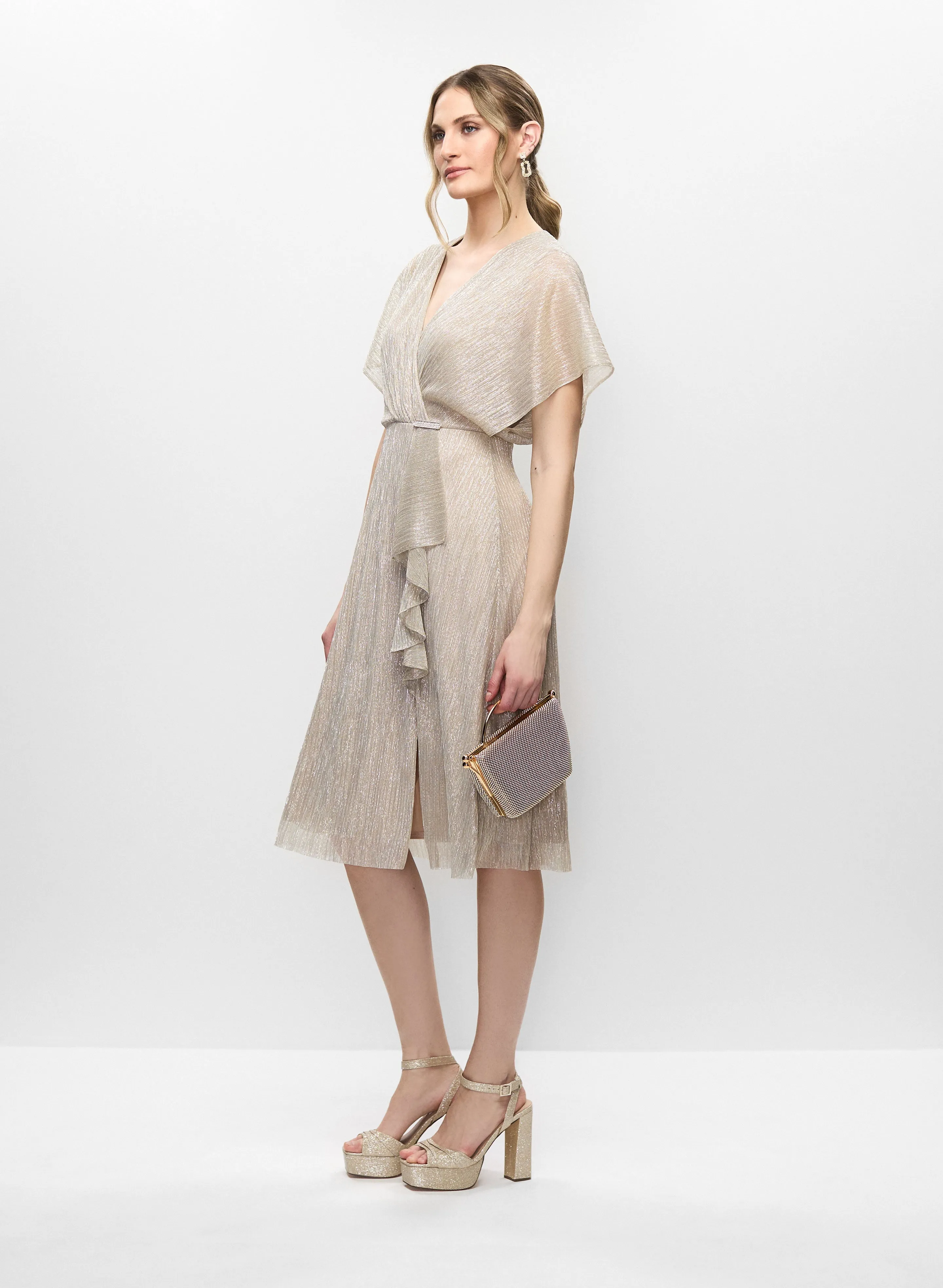 Metallic Wrap Style Dress & Cubic Zirconia Earrings