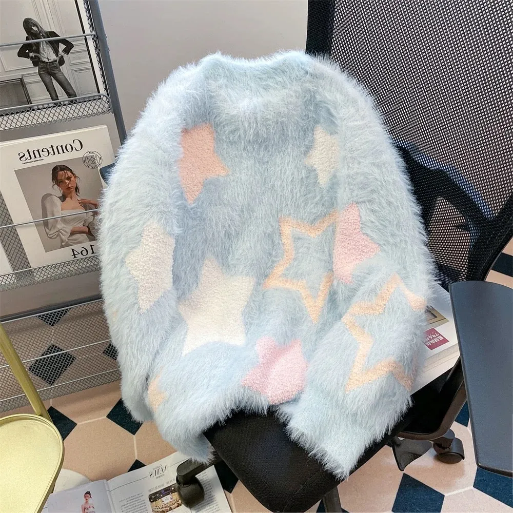 Milky fufu sweet soft glutinous star embroidered plush sweater for men and women in winter lazy style thickened mink fleece swea