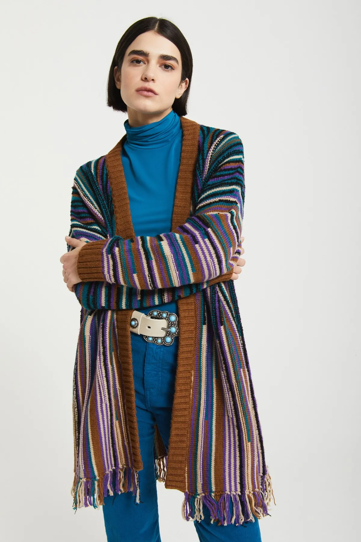 Multicolor cardigan with fringes