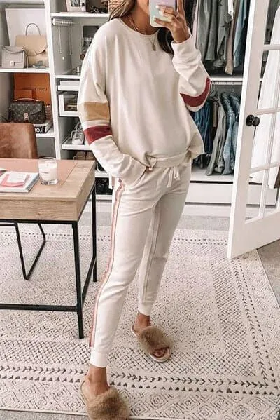 Narmeen Striped Round Neck Sweatshirt and Drawstring Joggers Set
