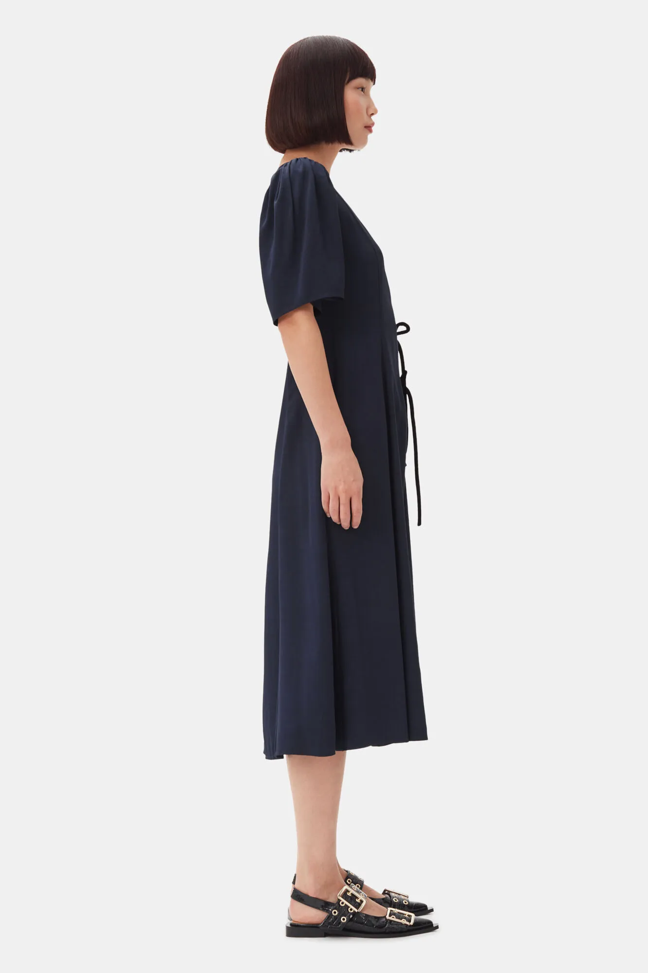 Navy Blue Viscose Twill Wrap Midi Dress