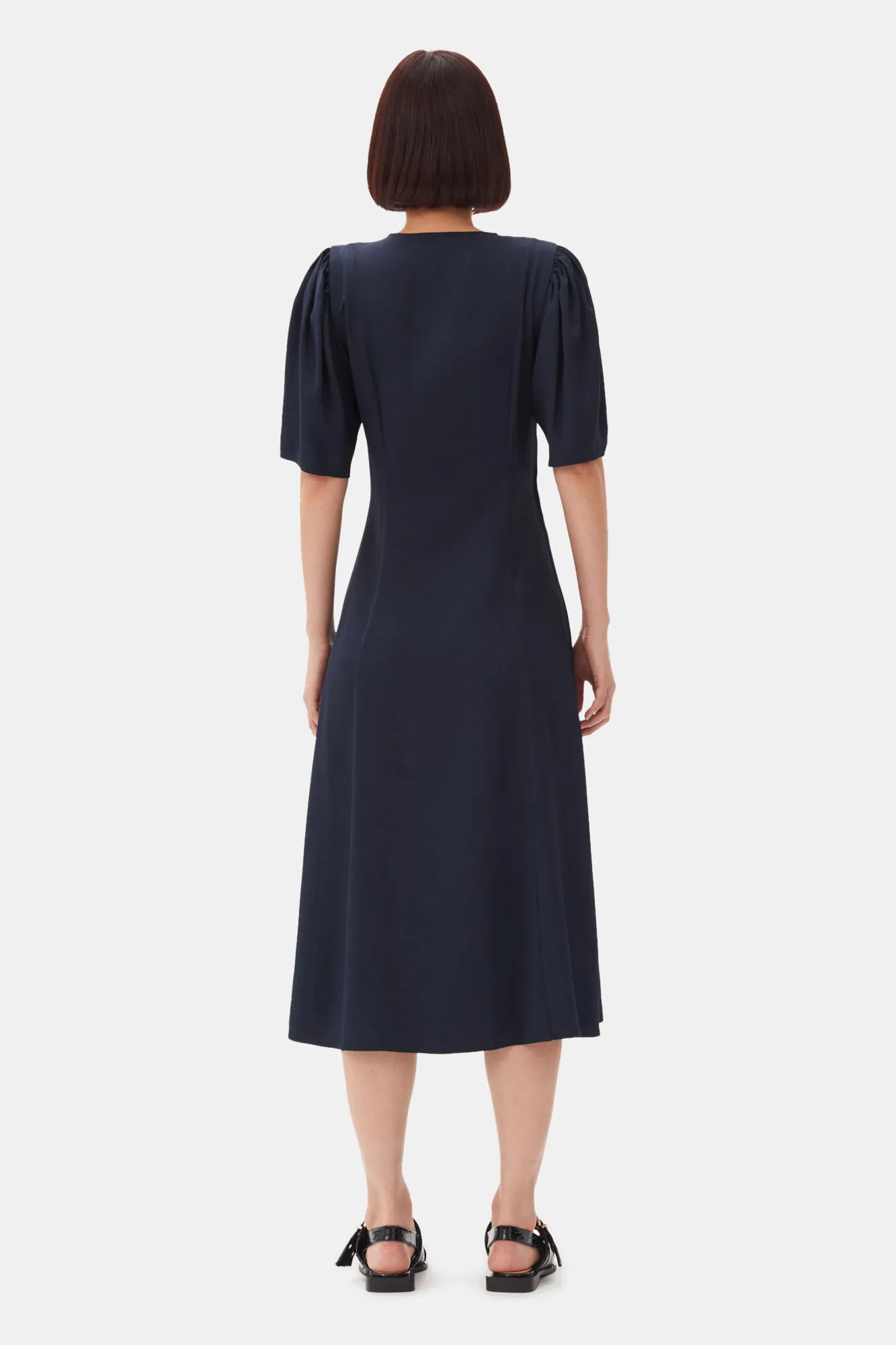 Navy Blue Viscose Twill Wrap Midi Dress