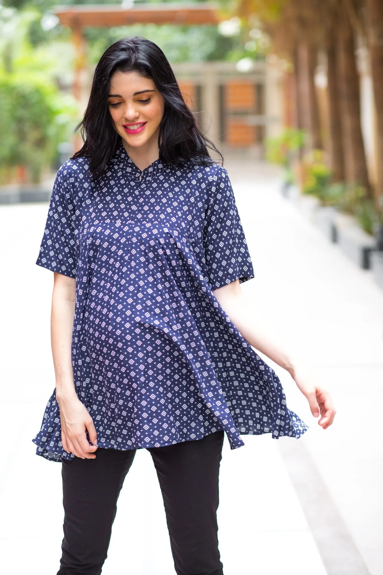 Navy Geo Flowing Maternity & Nursing Top