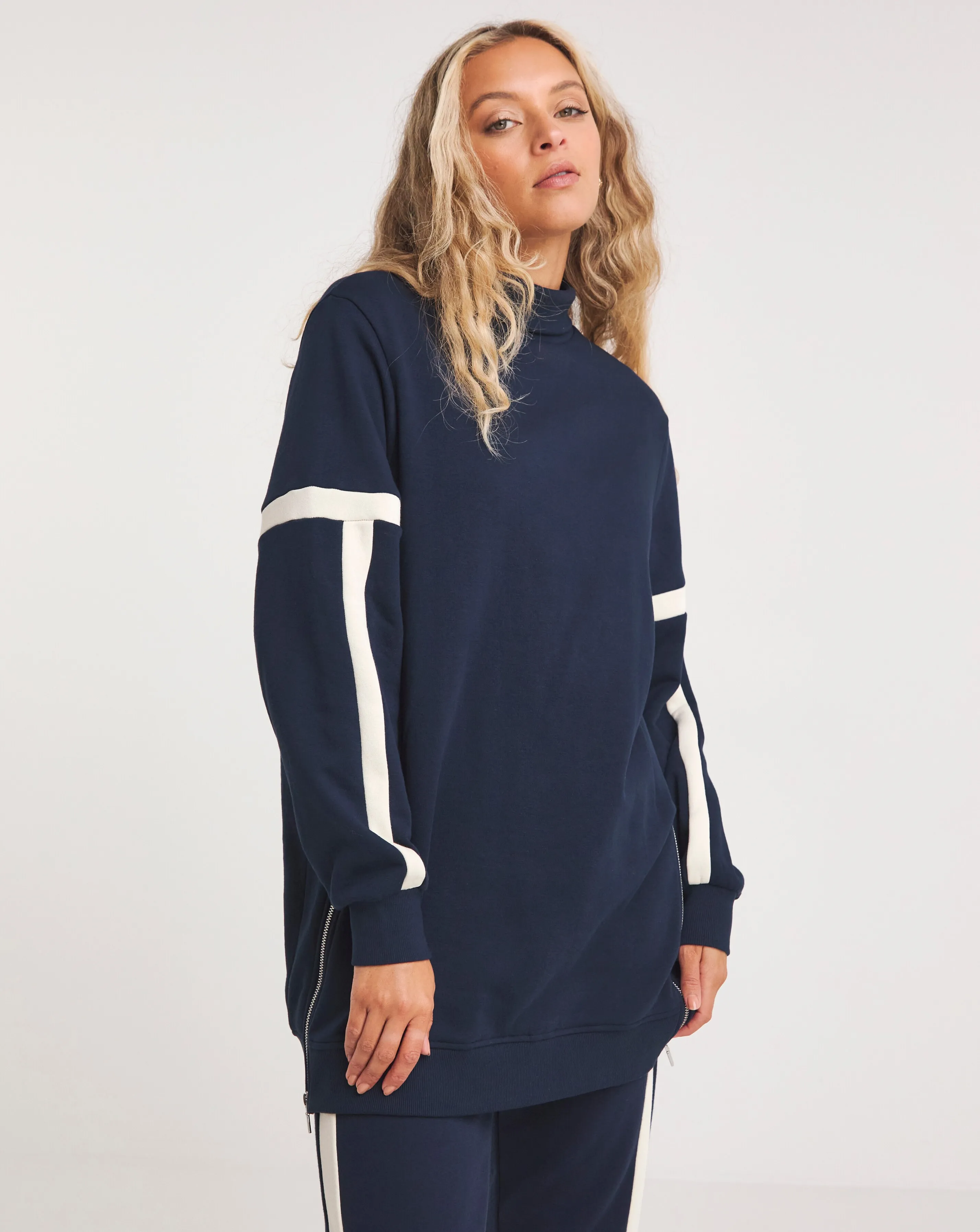 Navy Side Zip Tunic with Stripe | Simply Be