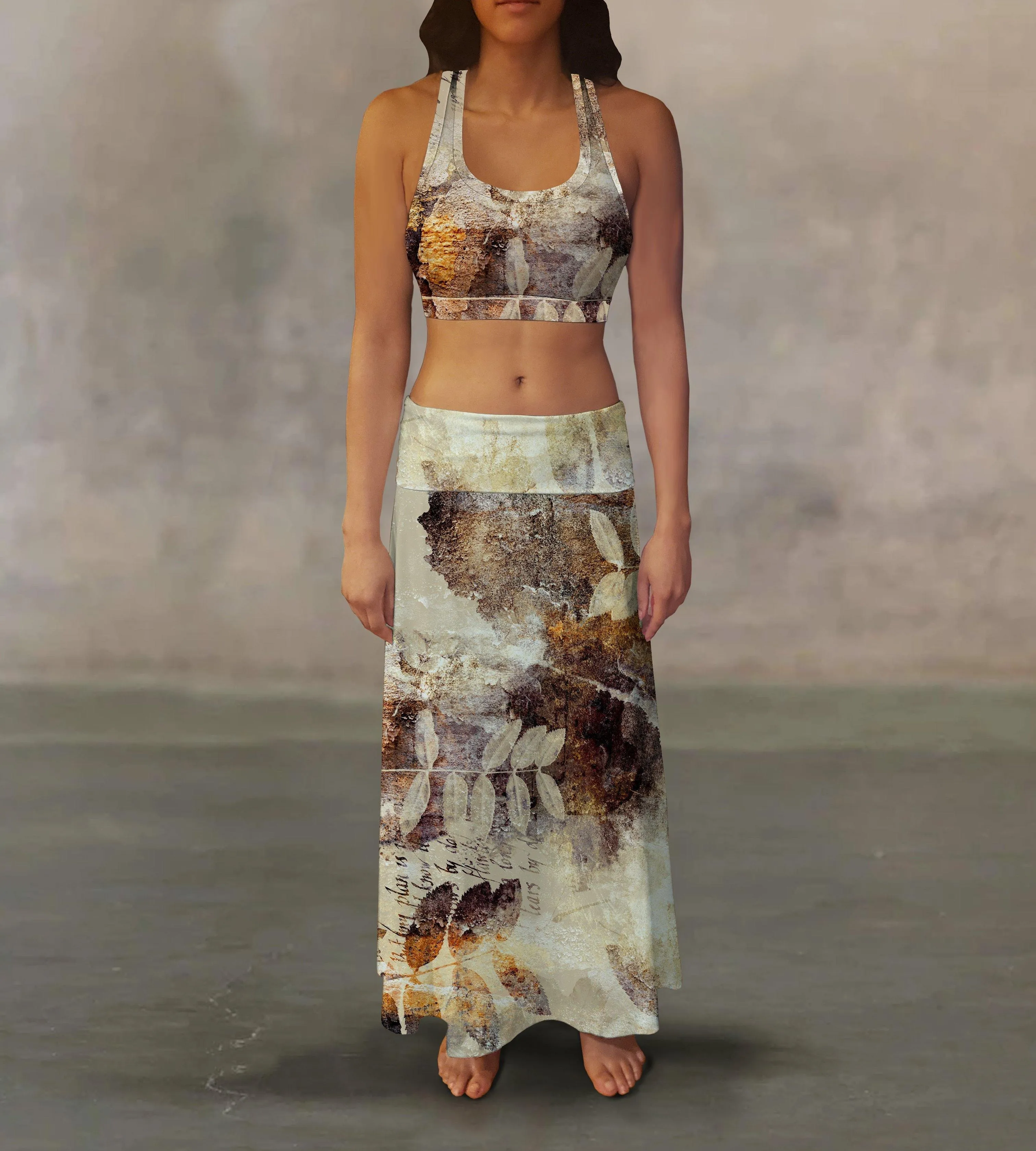 Neutral Leaves Maxi Skirt