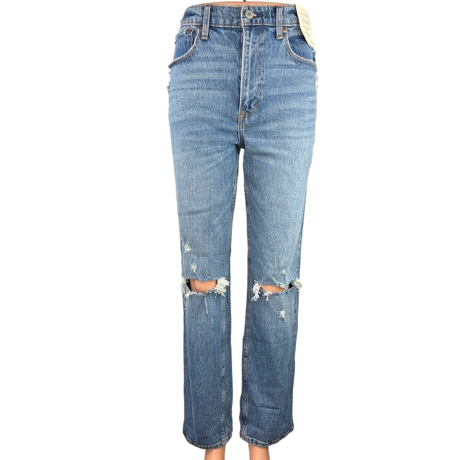 NEW Abercrombie & Fitch The 90's Blue Ultra High Rise Ripped Straight Jeans 26