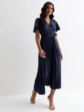 New Look Navy Satin Wrap Front Pleated Midi Dress