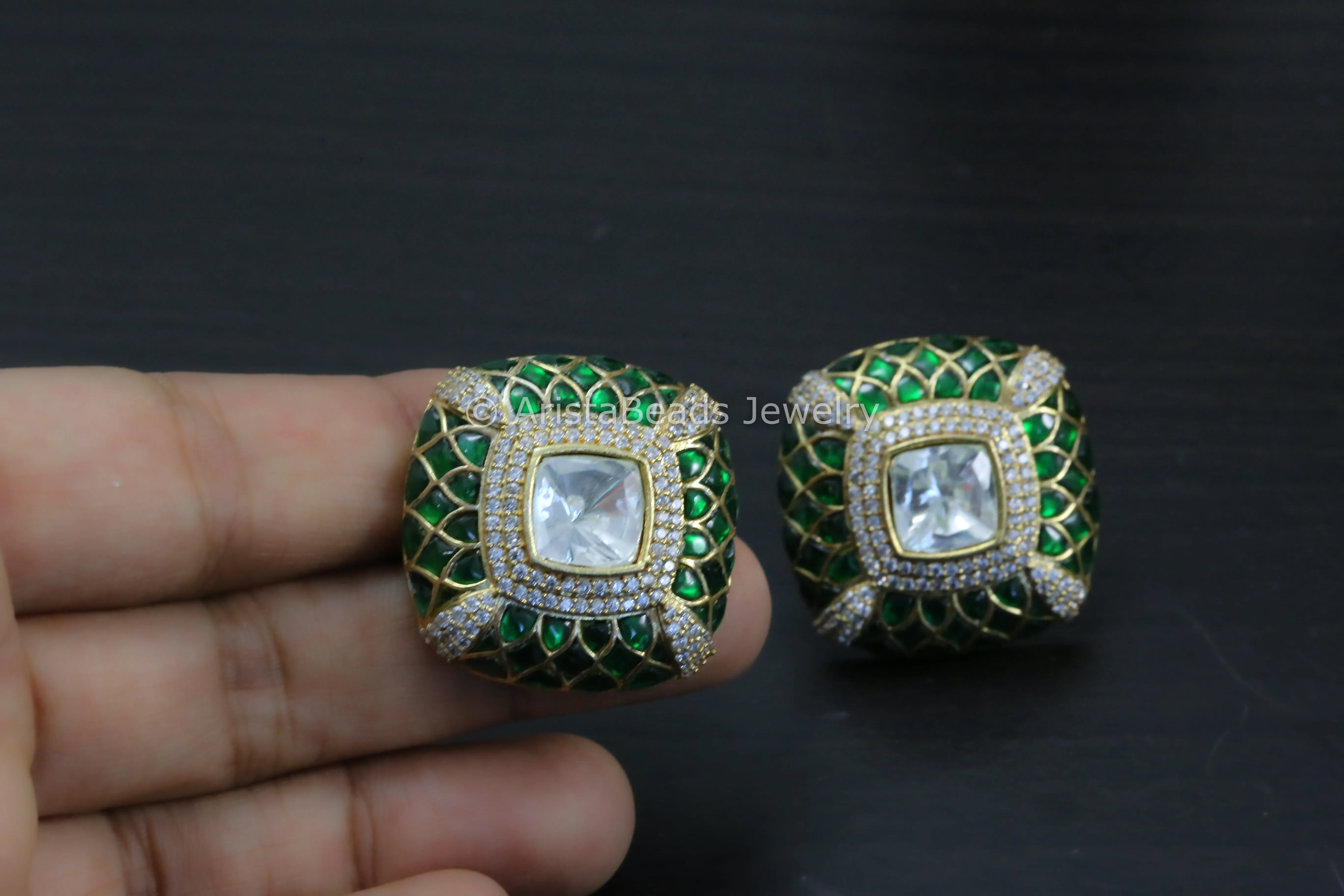 Next To Real Large Moissanite Polki & Jadau Stone Studs - Green