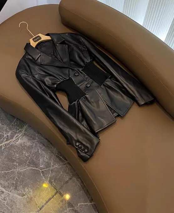 Niche design catwalk style PU jacket spliced knitted super waist silhouette suit (B7913)