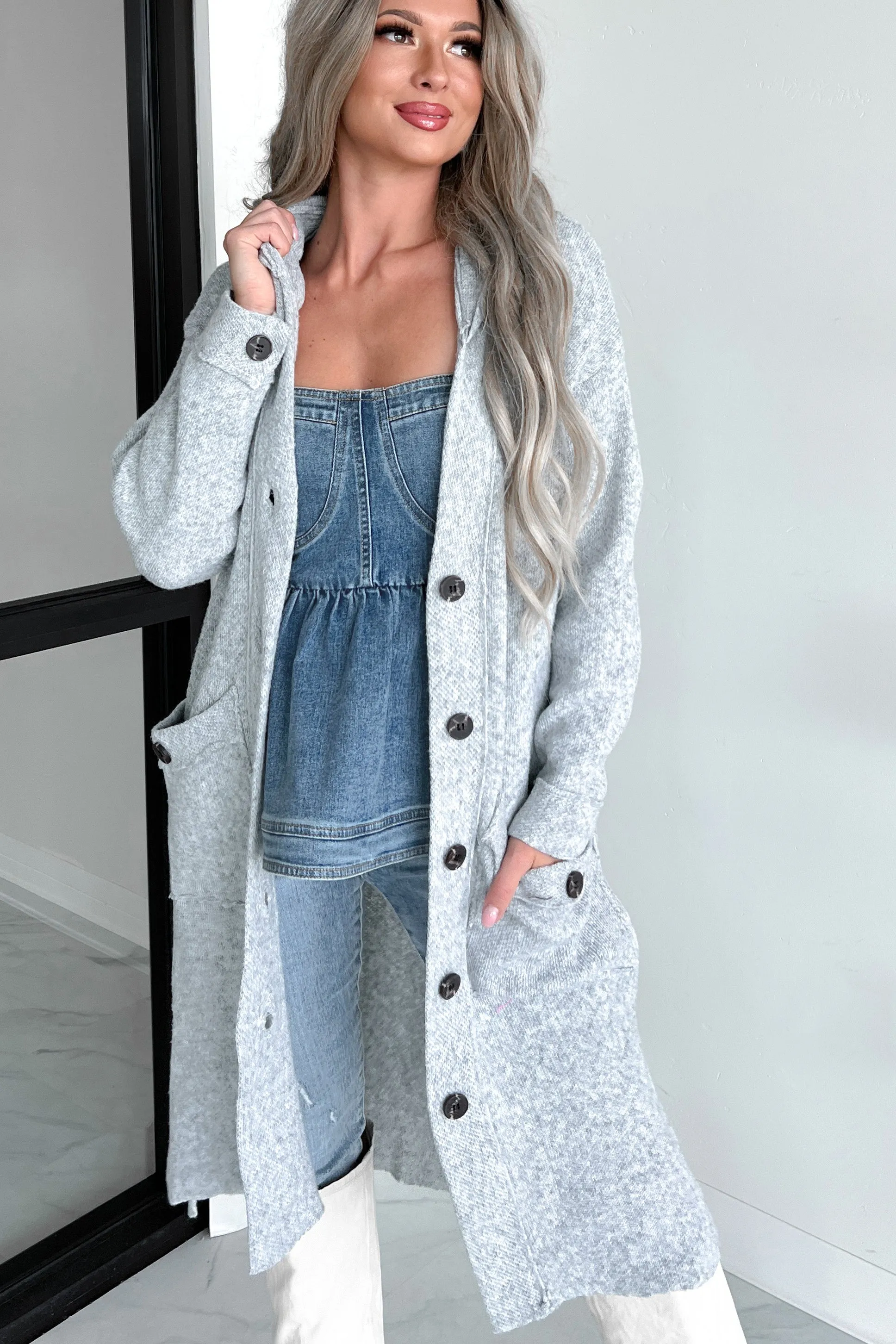 No Approval Needed Hooded Knit Cardigan (Light Grey)