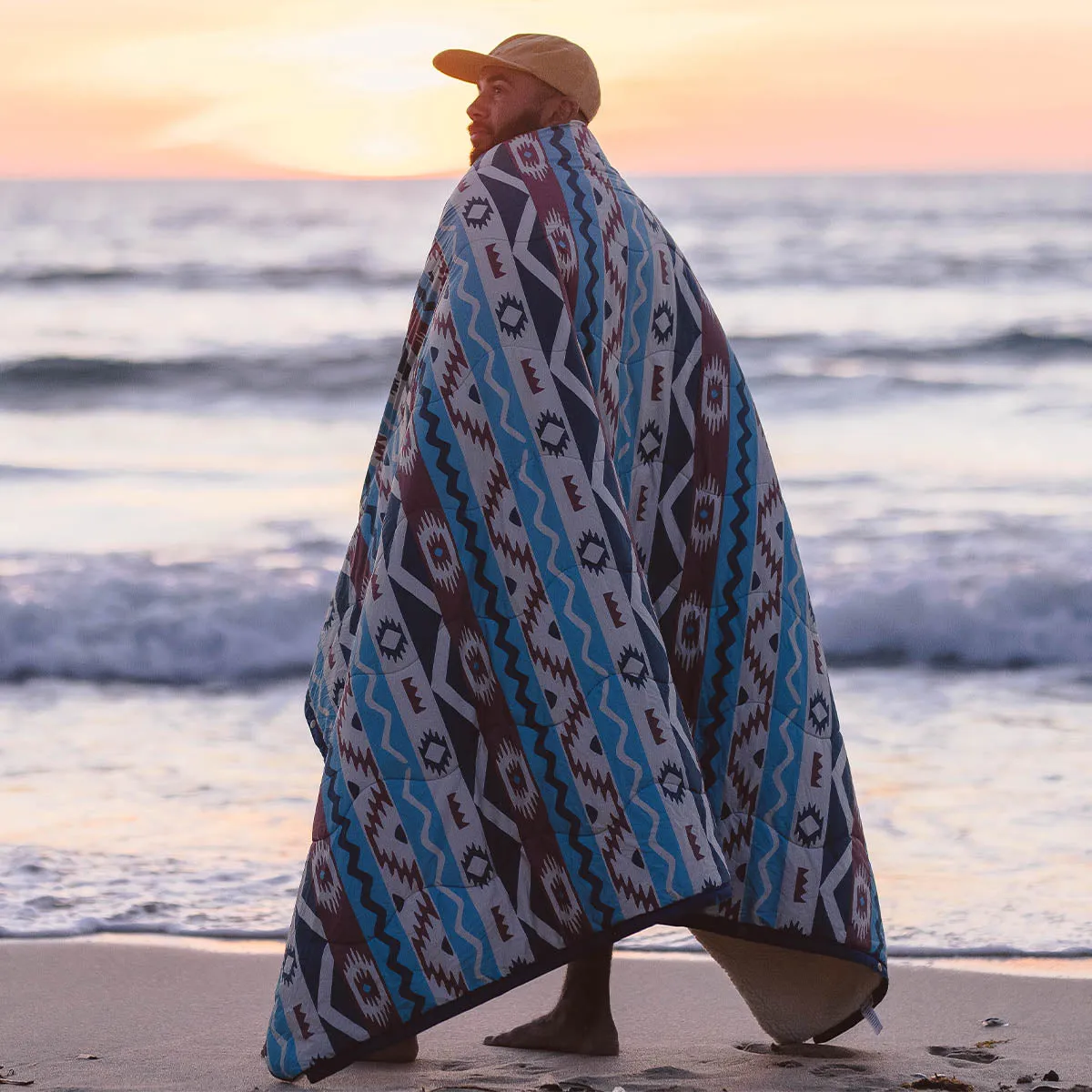 Nomadic Recycled Sherpa Blanket - Multi Geo Stripe Coral