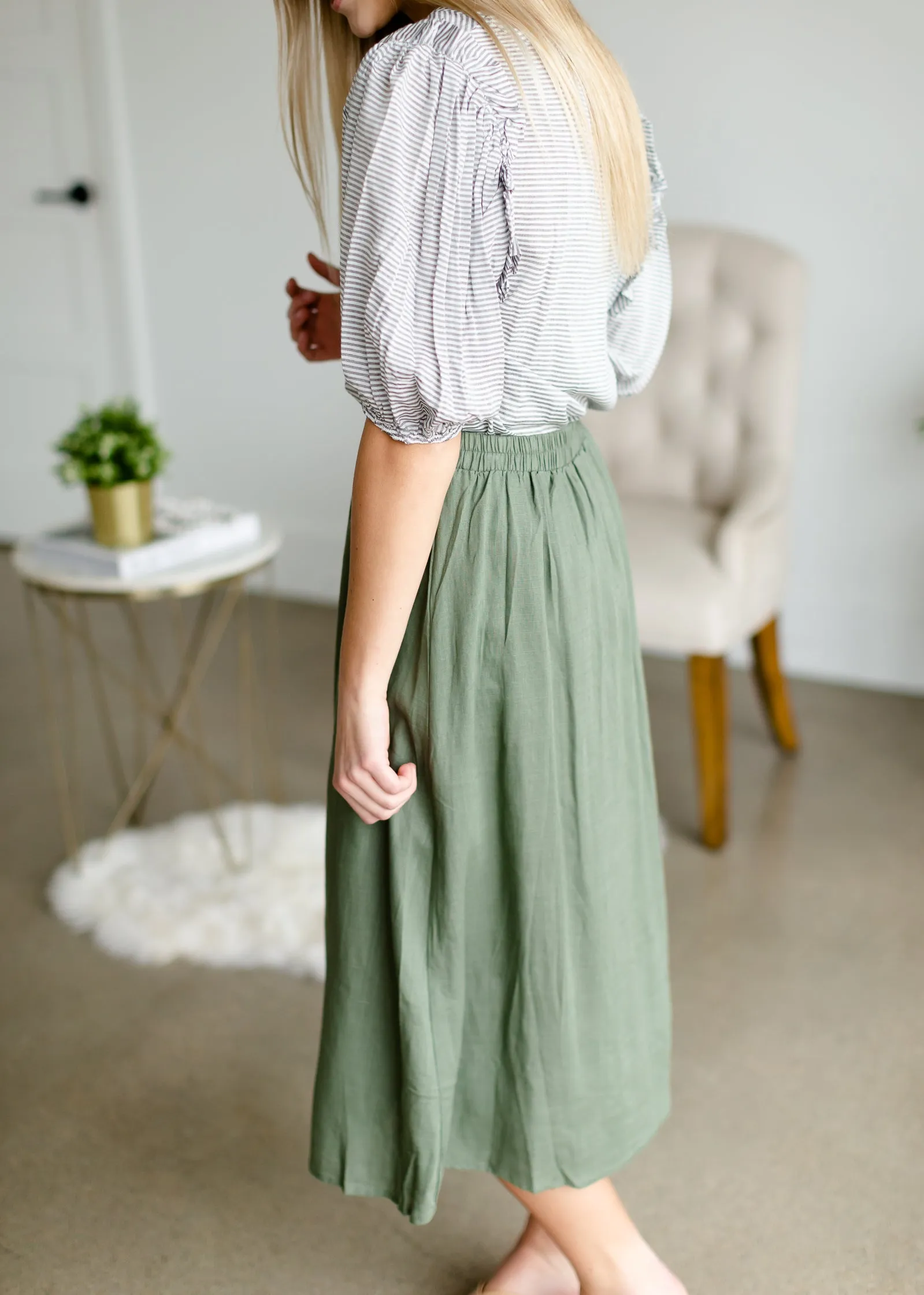 Olive Button Front Midi Skirt
