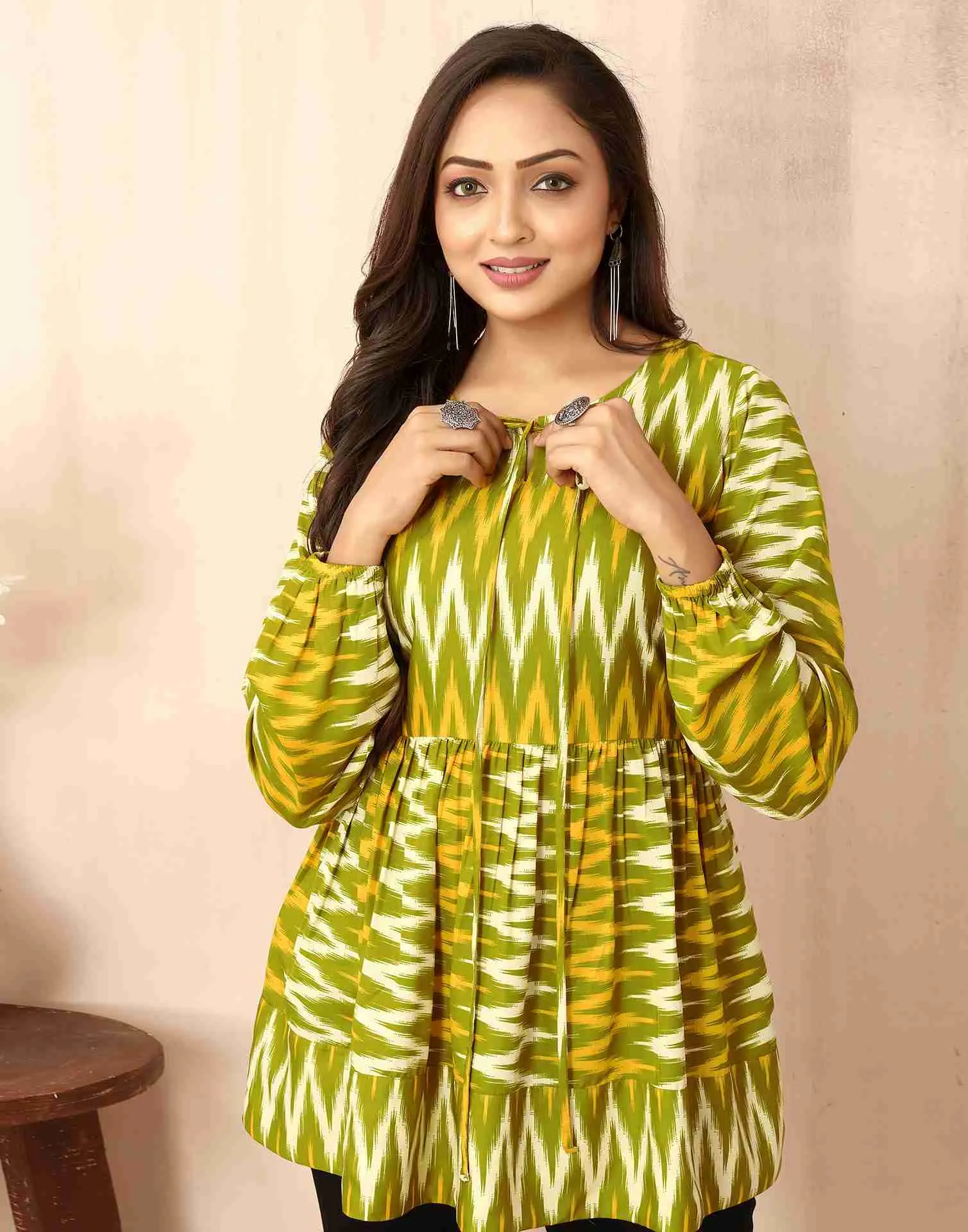 Olive Green Polyester Printed Tunic Top