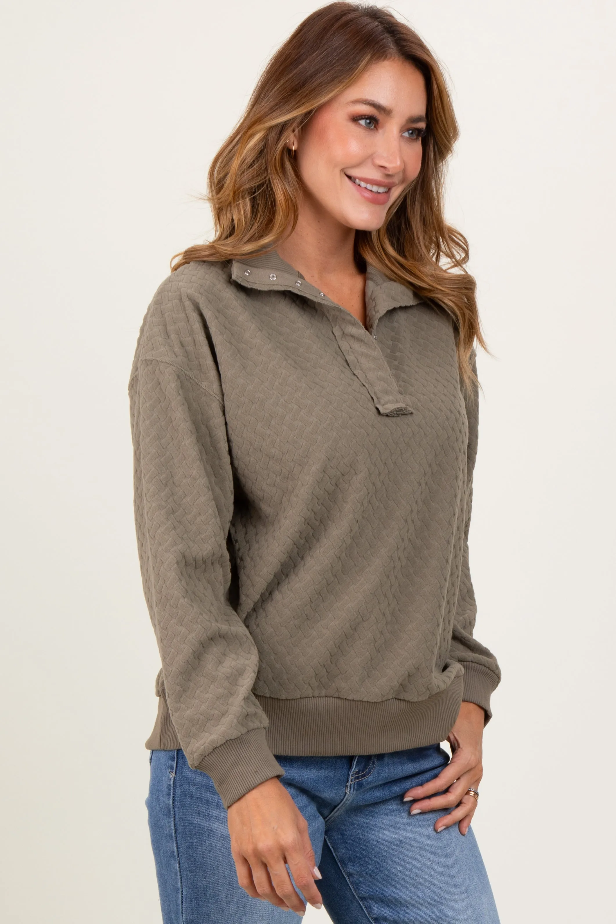 Olive Quilted Knit Snap Collar Pullover Top