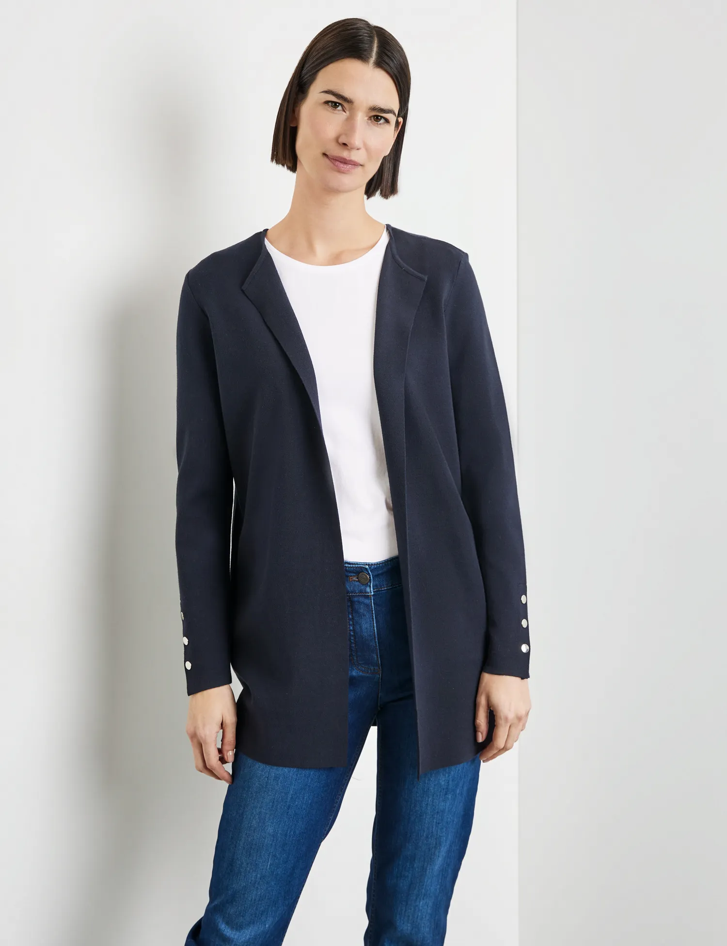 Open-fronted cardigan with decorative buttons