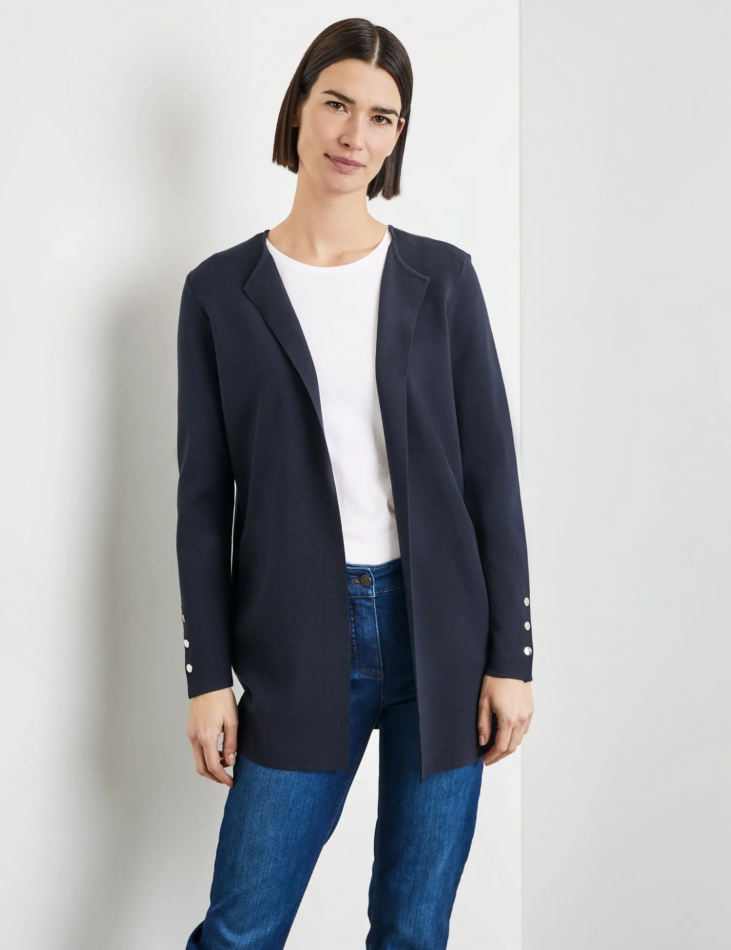 Open-fronted cardigan with decorative buttons