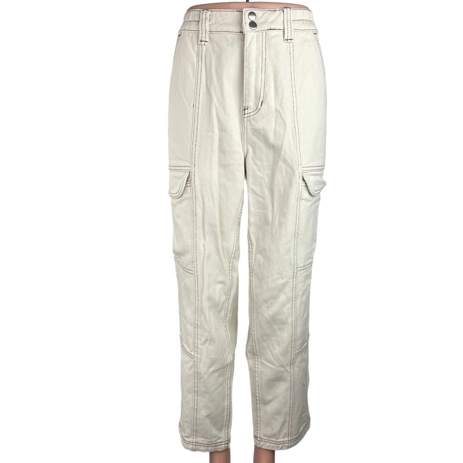 Pacsun Women's White Elastic Waist Relaxed Straight Leg Denim Cargo Jeans Size M