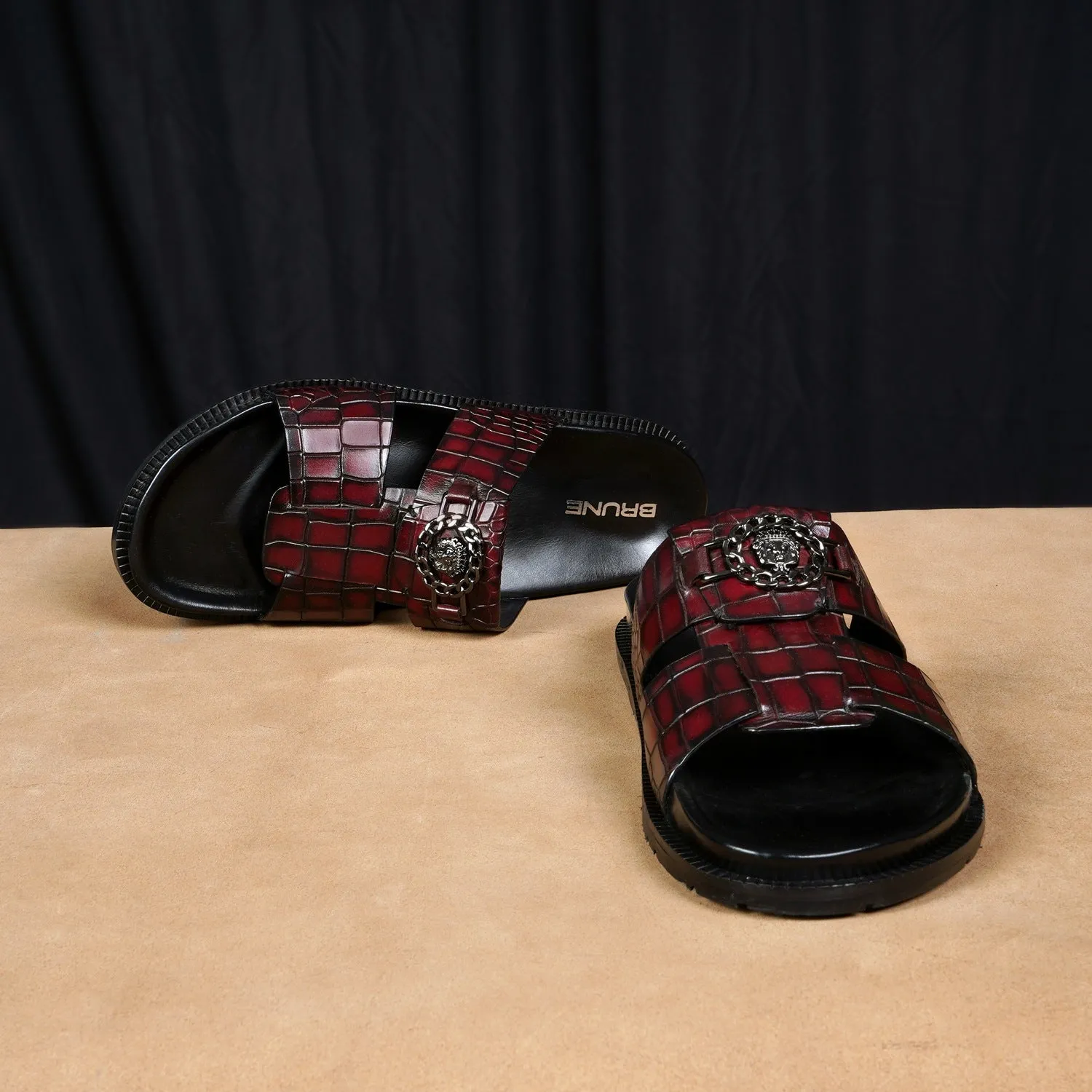 Pass Through Broader Toe Strap Leather Slippers in Wine Leather