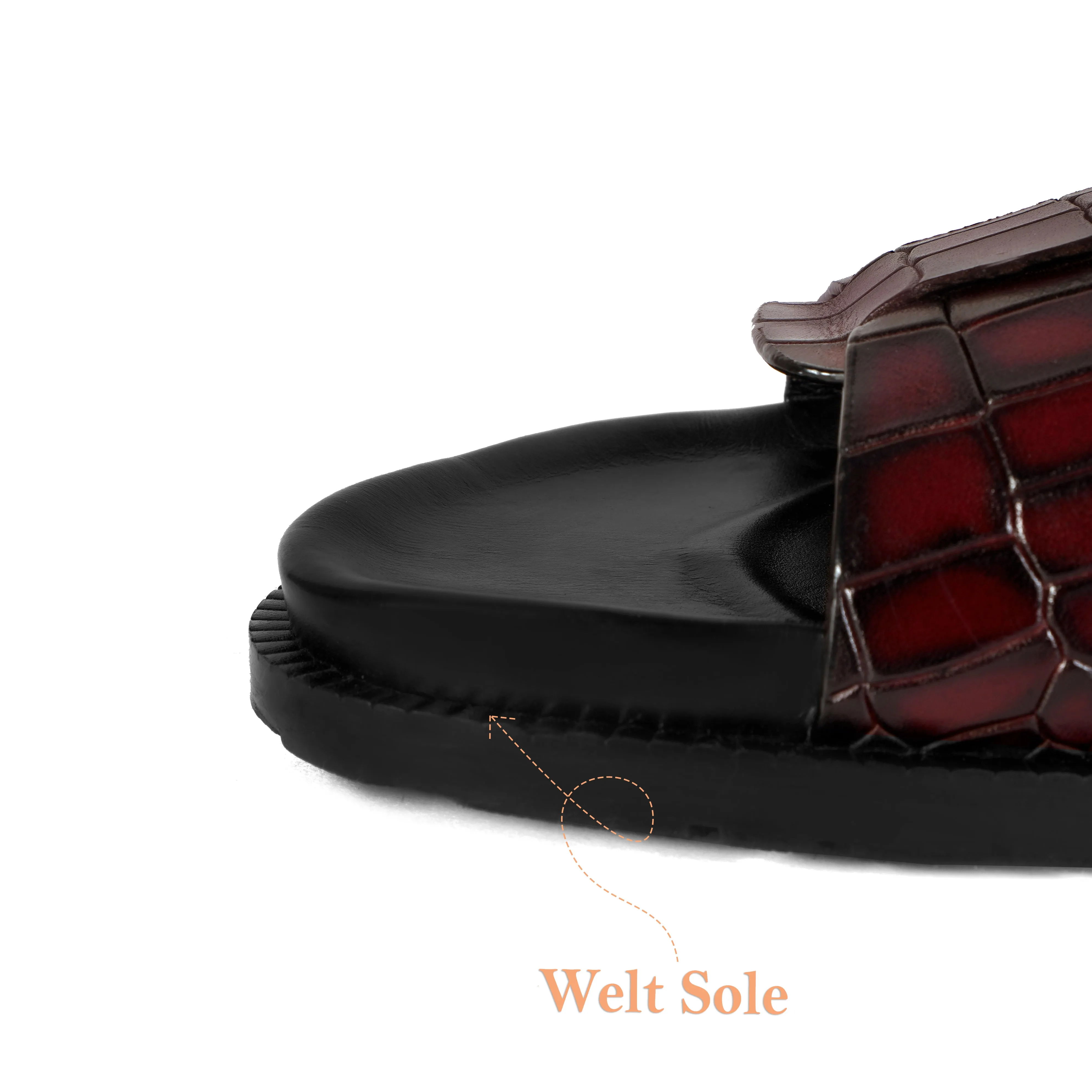 Pass Through Broader Toe Strap Leather Slippers in Wine Leather