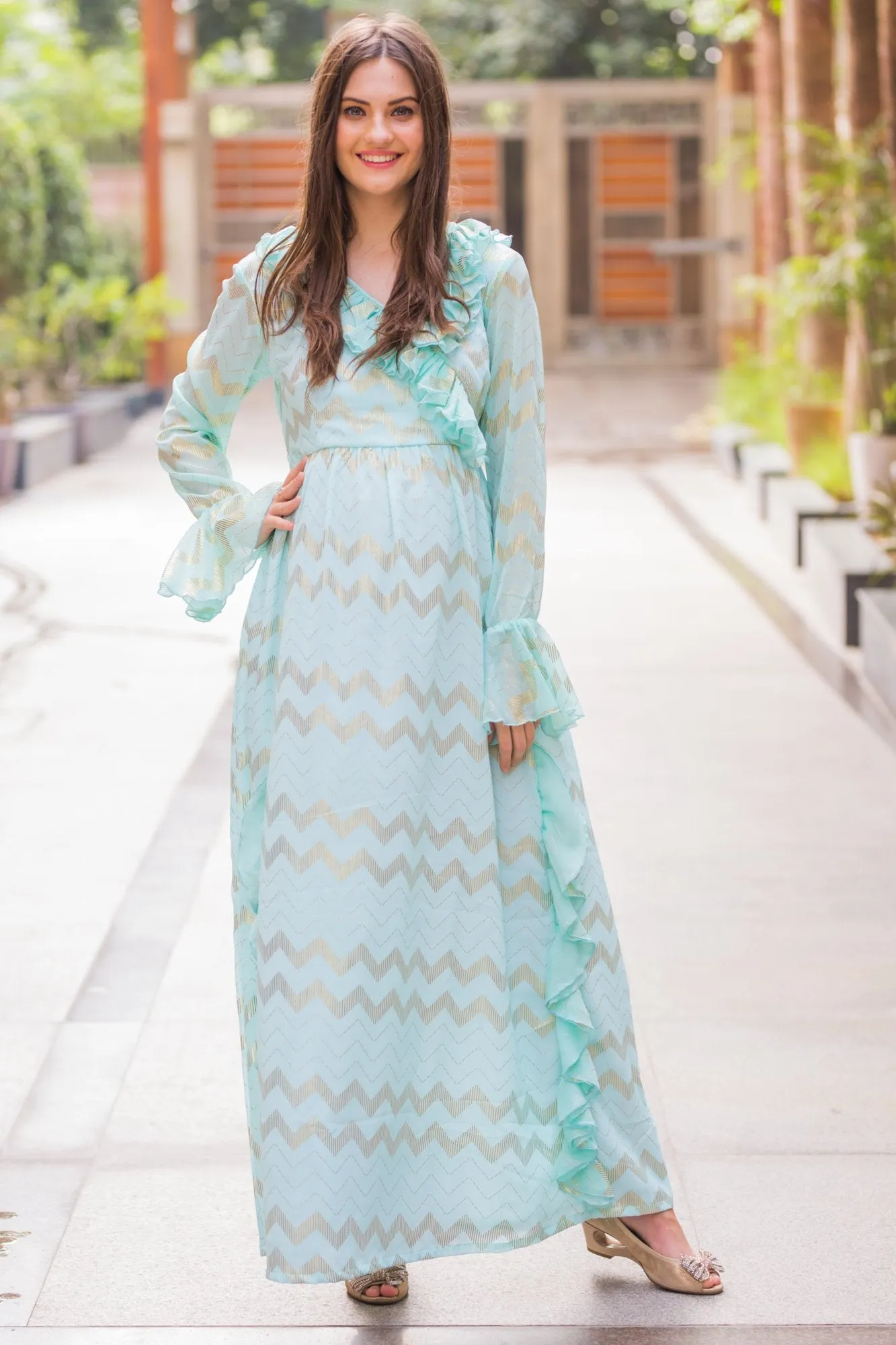 Pastel Blue Embellished Maternity & Nursing Dress