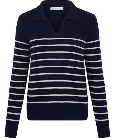 Paul James Knitwear Blue Womens Lightweight Cotton Colette Open Collar Breton Top