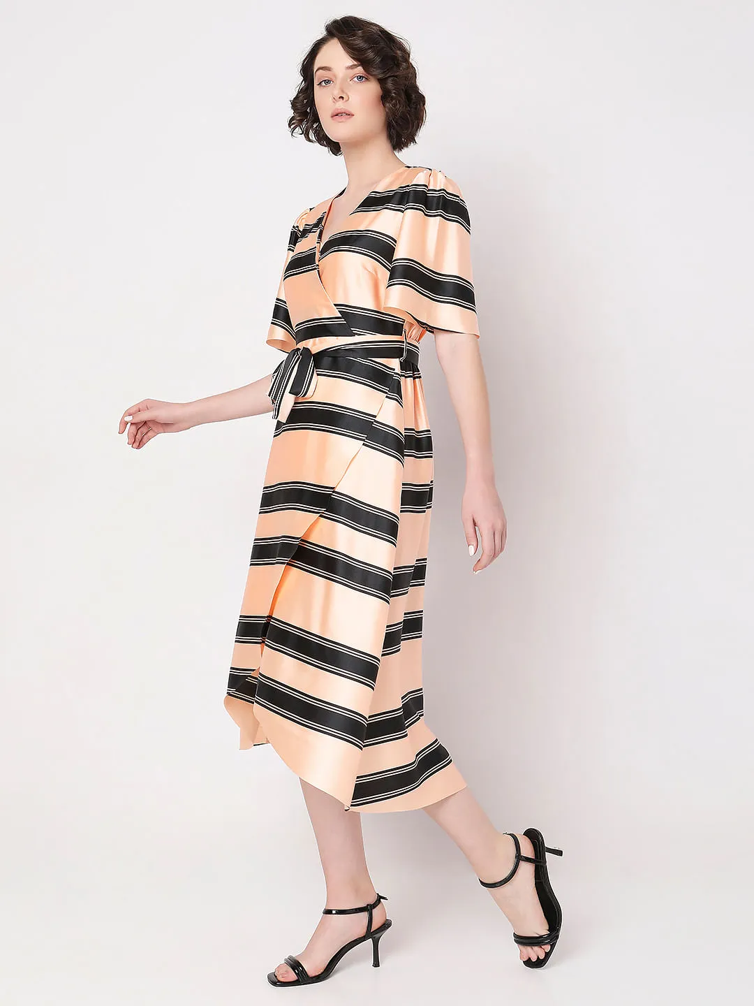 Peach Striped Fit & Flare Wrap Dress