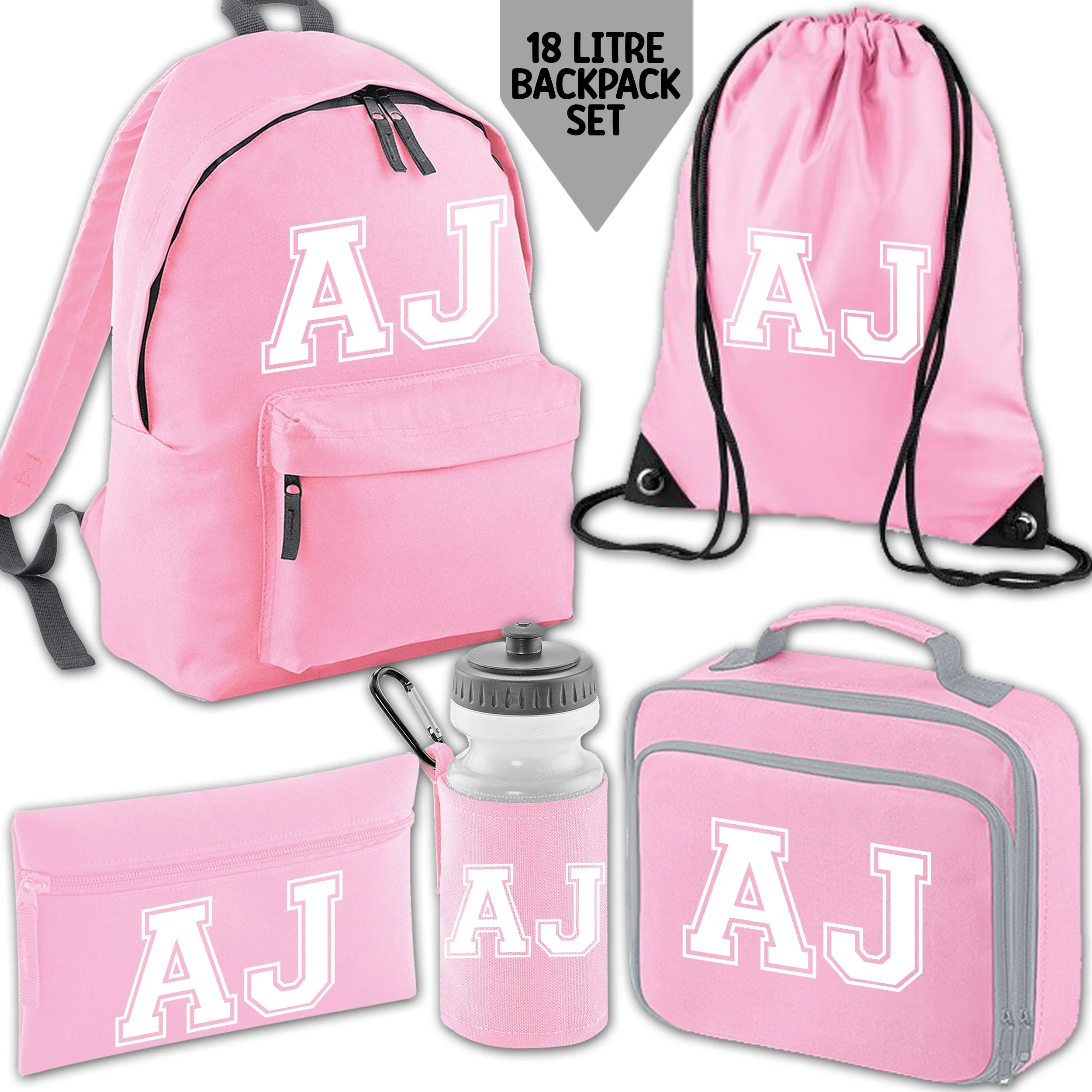 Personalised Backpack Kids School Bag Set Pink With Initials Lunch Bag Water Bottle Gym Bag Pencil Case Back To School