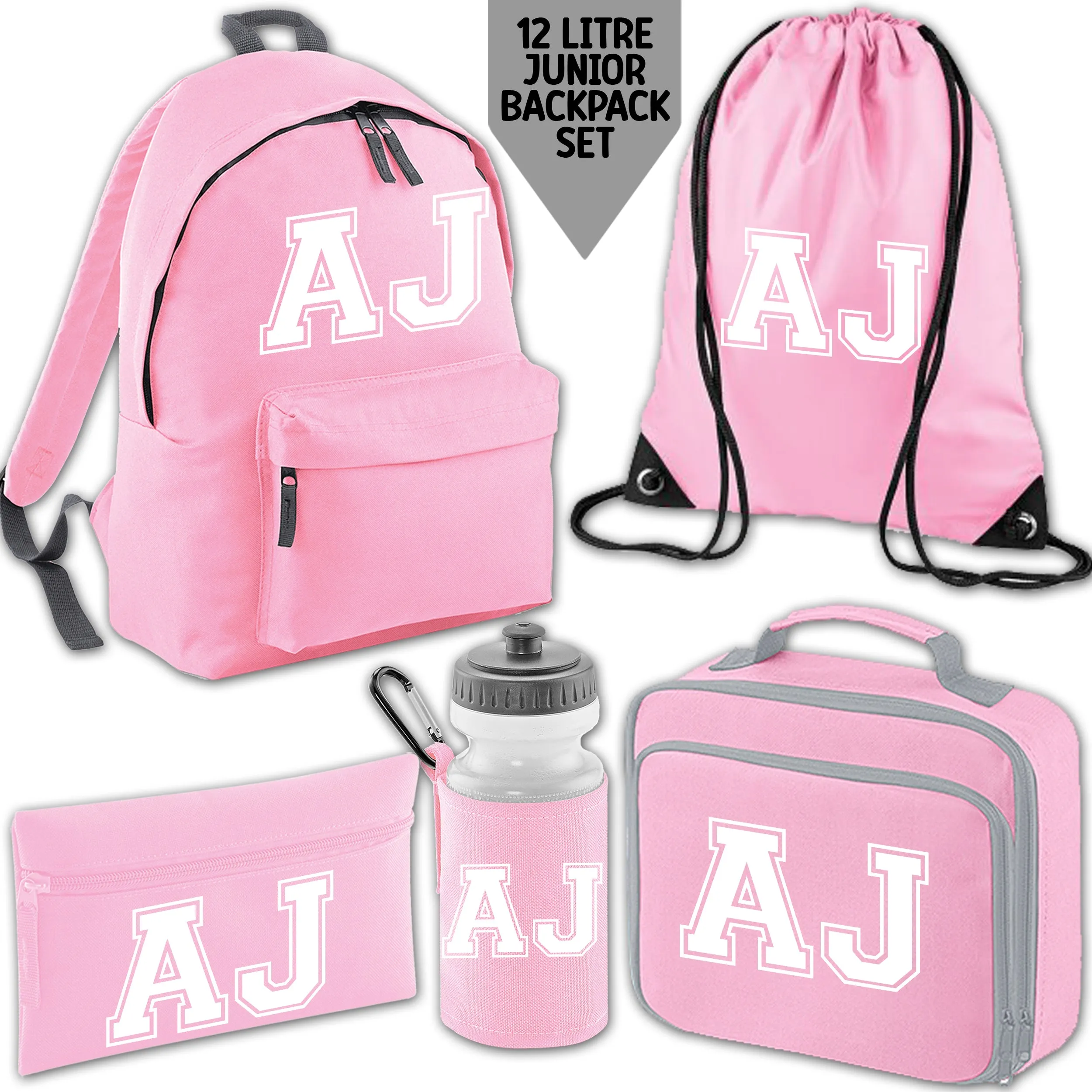 Personalised Backpack Kids School Bag Set Pink With Initials Lunch Bag Water Bottle Gym Bag Pencil Case Back To School