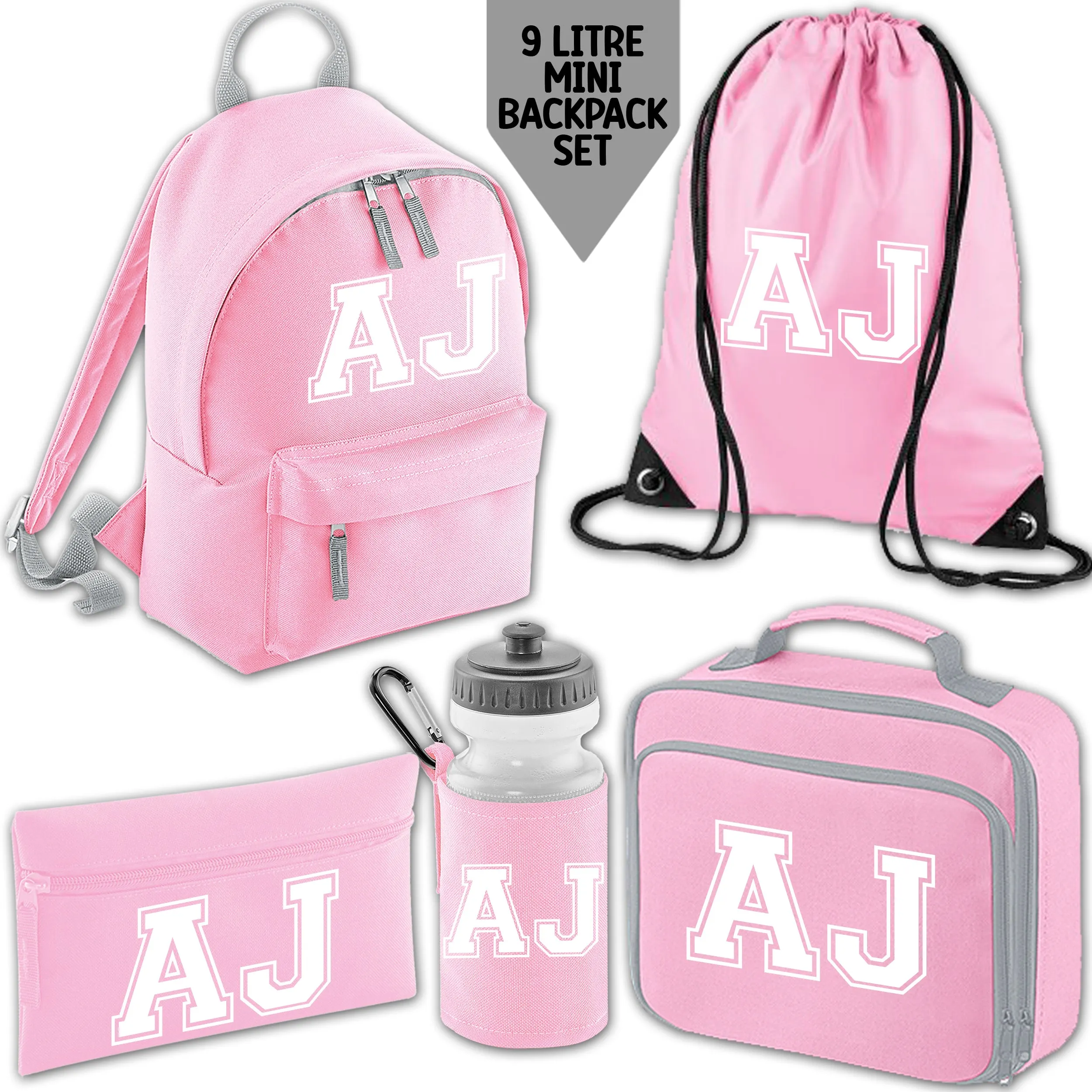 Personalised Backpack Kids School Bag Set Pink With Initials Lunch Bag Water Bottle Gym Bag Pencil Case Back To School