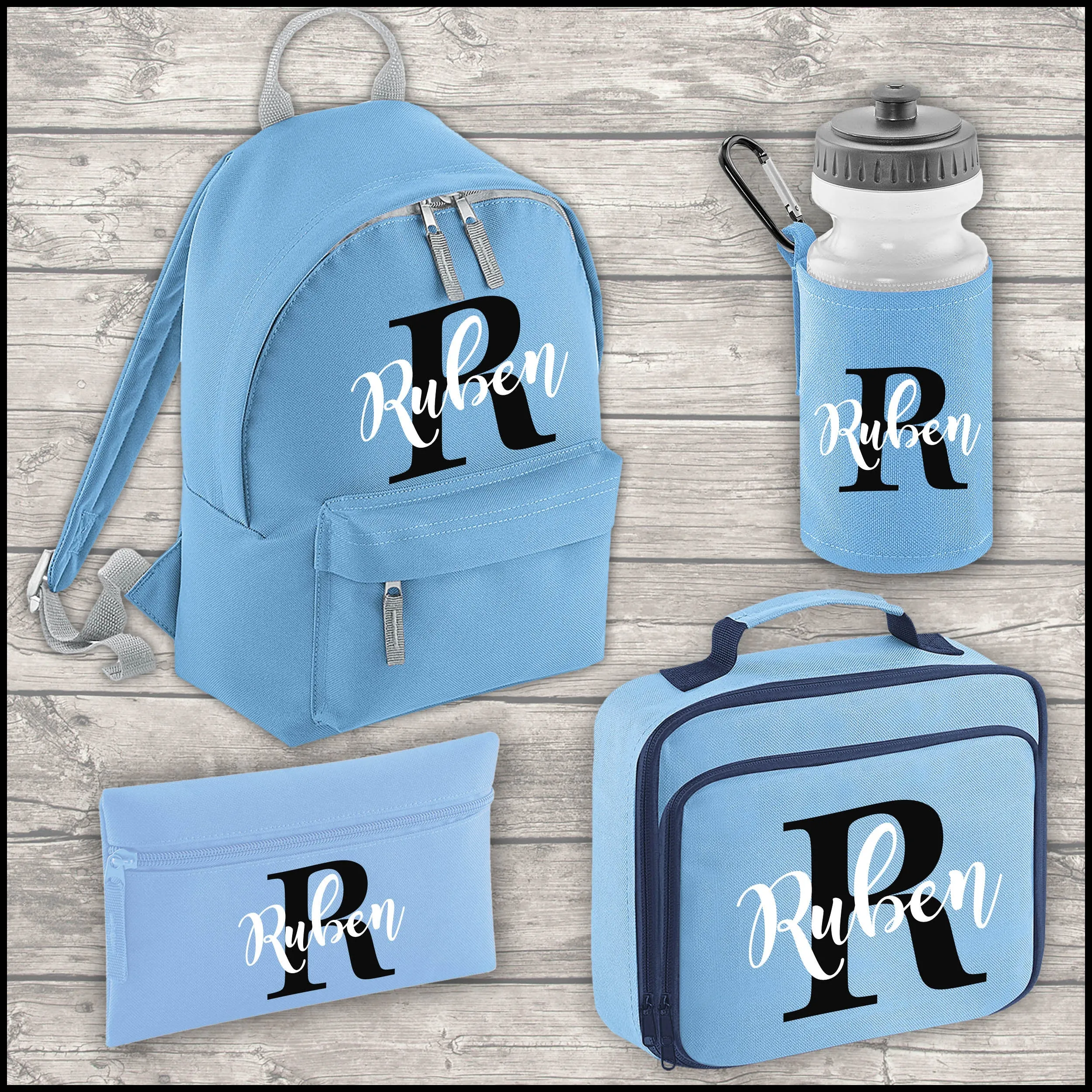 Personalised Name and Initial Blue 9 Litre Backpack Water Bottle and Lunch Bag and FREE Pencil Case Back To School Backpack Kids