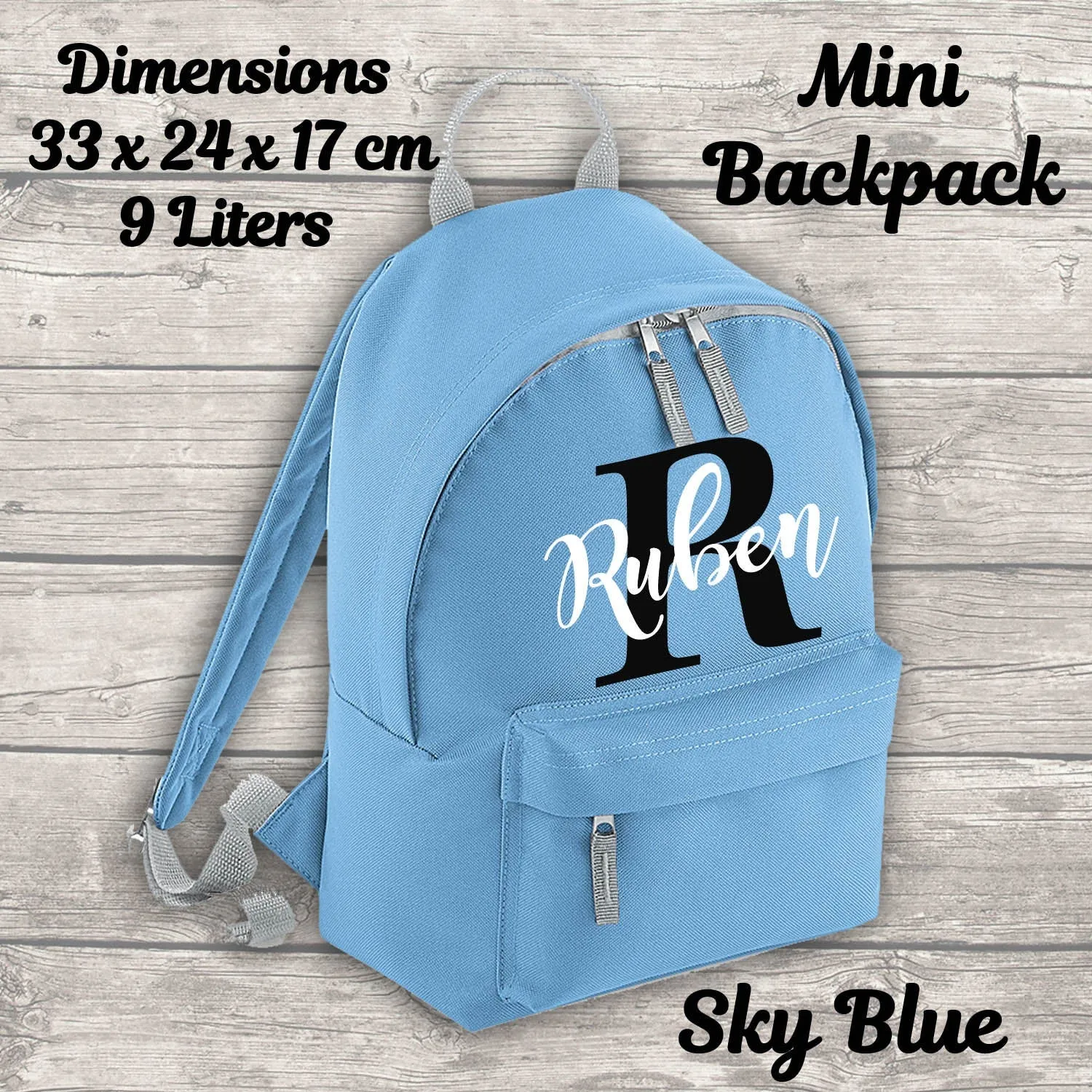 Personalised Name and Initial Blue 9 Litre Backpack Water Bottle and Lunch Bag and FREE Pencil Case Back To School Backpack Kids