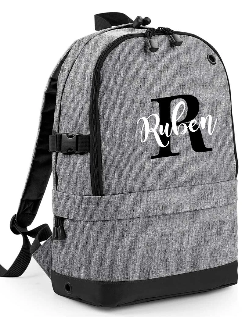 Personalised Pro Backpack with Laptop Compartment and Matching Gym Bag Initial and Name 18L Grey Set