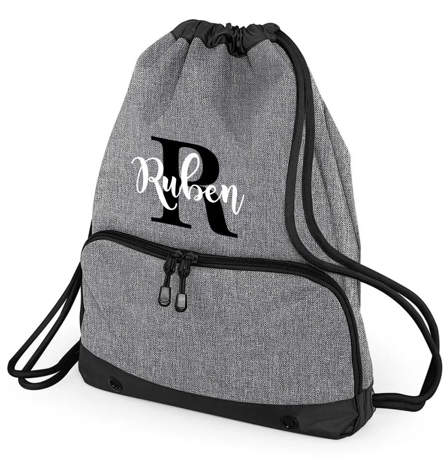 Personalised Pro Backpack with Laptop Compartment and Matching Gym Bag Initial and Name 18L Grey Set
