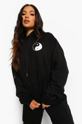 Petite Oversized Yin Yang Pocket Print Hoodie