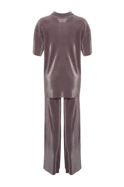 Pleated Wide-Cut Shirt and Trousers Knitted Top and Bottom Set